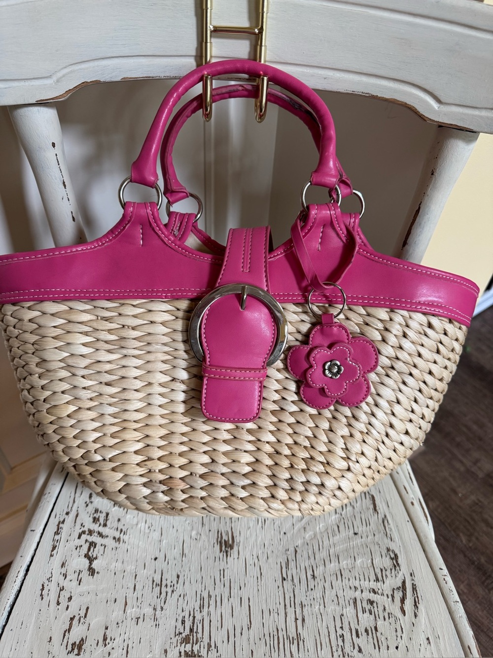 Coldwater Creek large straw tote bag, pink leather trim, flower charm